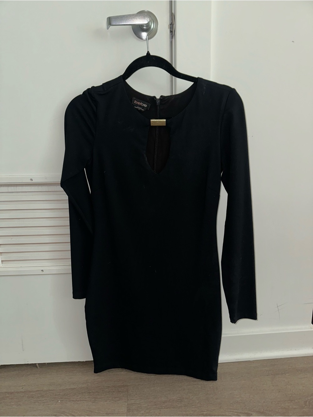 bebe Black Long Sleeve Keyhole Sheath Dress with Gold Accent